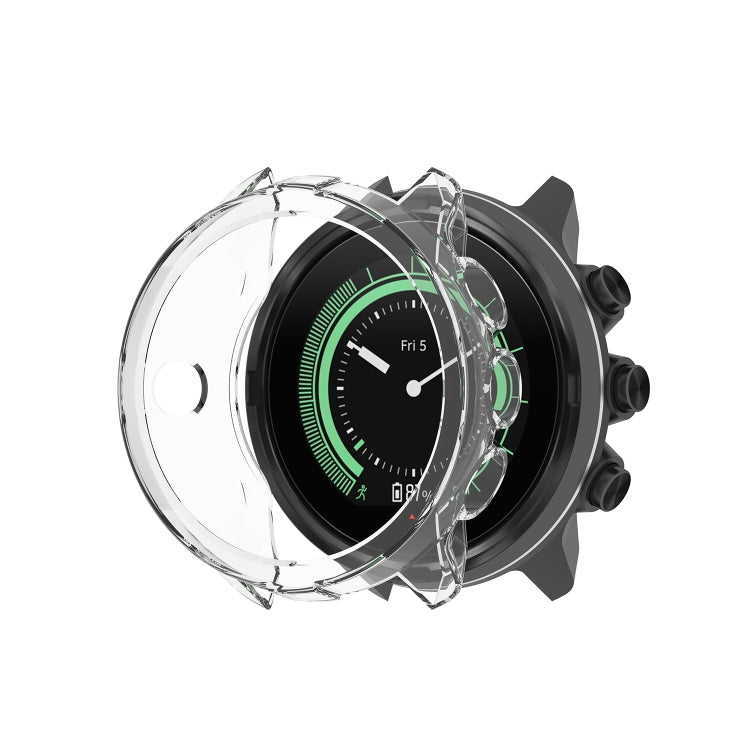 Transparent TPU watch case cover with snap-on corners and raised rim for smartwatch face.