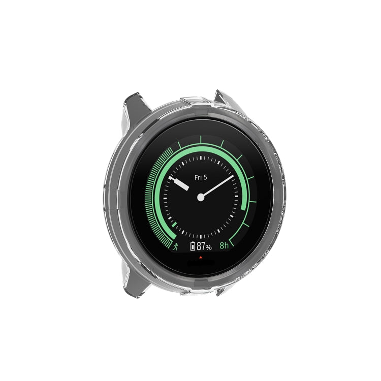 Transparent TPU watch case with dark protective bumper and raised rim for round smartwatch.