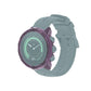 Transparent TPU watch case cover in purple tint with raised bezel for round smartwatch face.