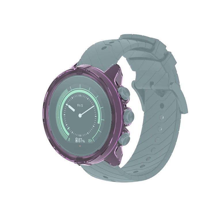 Transparent TPU watch case cover in purple tint with raised bezel for round smartwatch face.