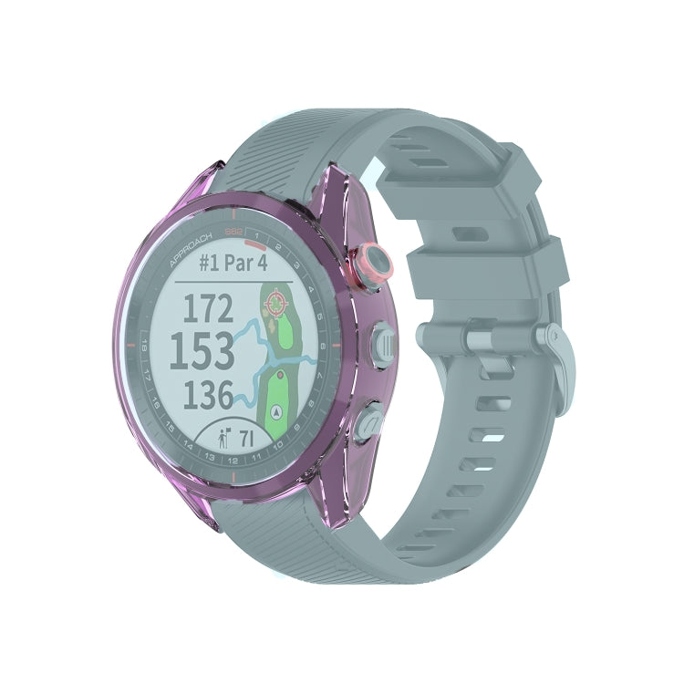 Transparent TPU watch case cover in purple, fitted to a sports smartwatch.