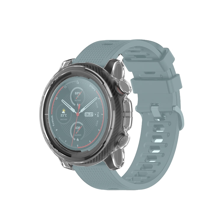 Transparent TPU watch case cover in clear, fitted to a sports smartwatch.
