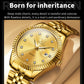 Gold-tone quartz watch with diamond hour markers, bezel ridges, and day/date window