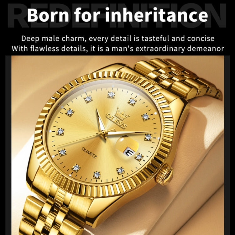 Gold-tone quartz watch with diamond hour markers, bezel ridges, and day/date window