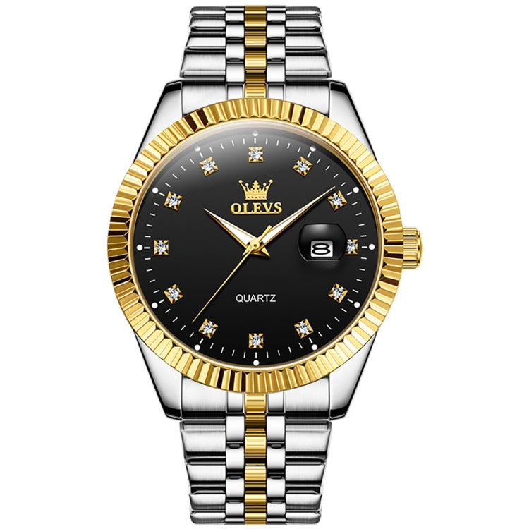 Two-tone men’s quartz watch with black dial, gold bezel, diamond markers, silver link strap