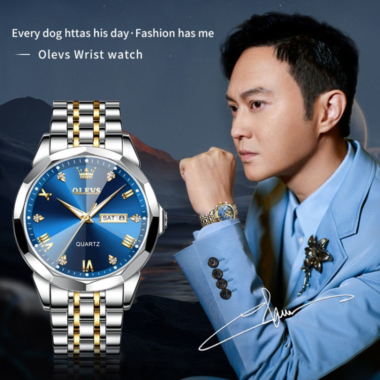 Men’s two-tone quartz watch on wrist, blue dial with gold markers and SAT 8 date window