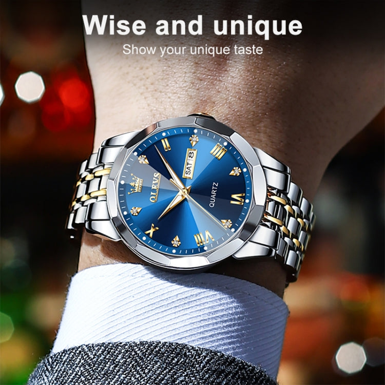 Two-tone quartz watch on wrist with blue dial, gold accents, and SAT 8 date window