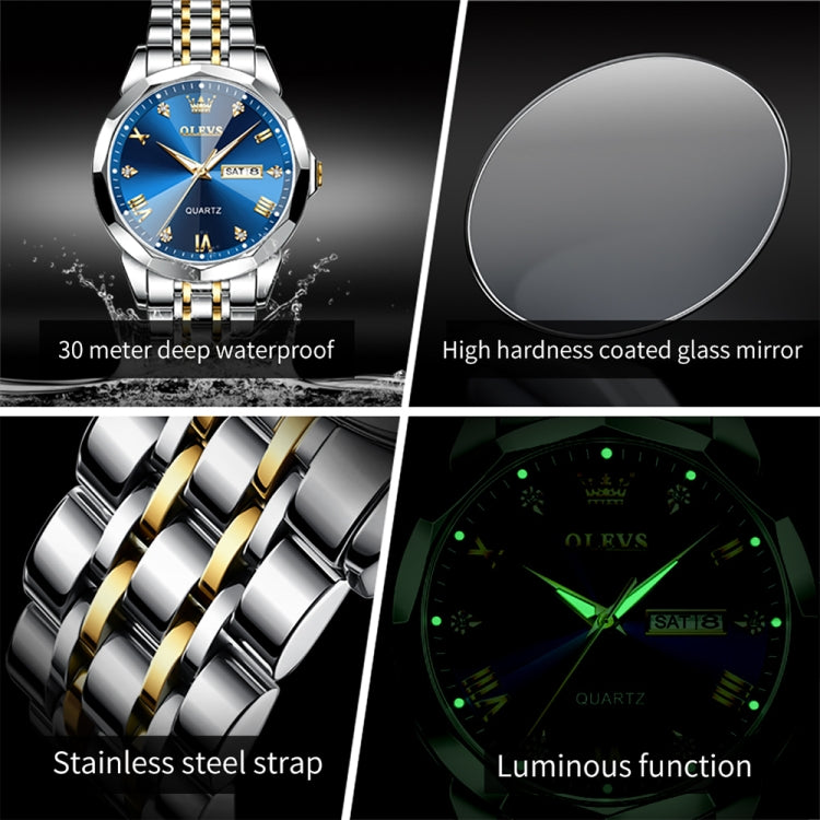 Two-tone quartz watch front view with blue dial, gold markers, and SAT 8 date window