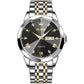 Two-tone men’s quartz watch with black dial, gold markers, and metal link bracelet