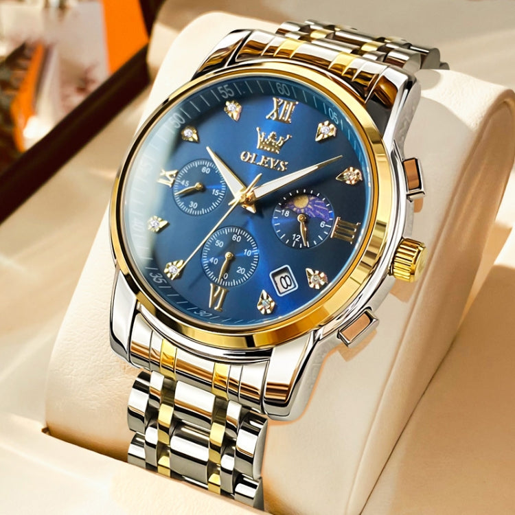Men's multifunction quartz wristwatch with blue dial and gold-accented metal bracelet