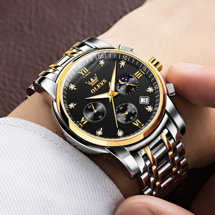 Men's multifunction quartz wristwatch close-up with black dial and gold accents