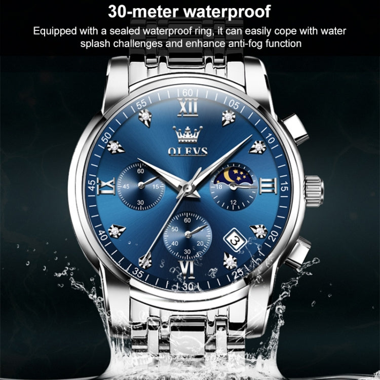 Men's multifunction quartz watch front with blue dial and water droplets on bezel