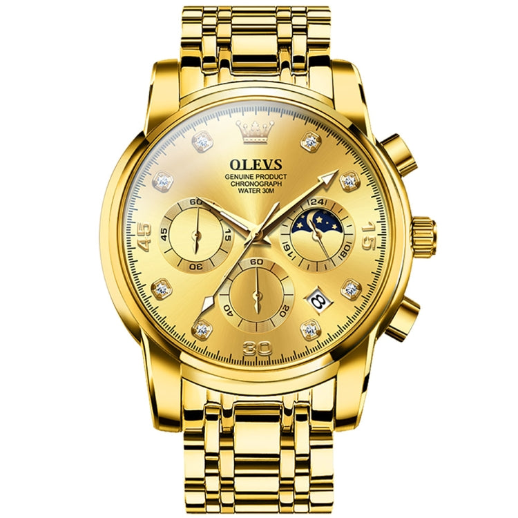 Men's gold multifunction quartz watch with three subdials, 24-hour display, and date window