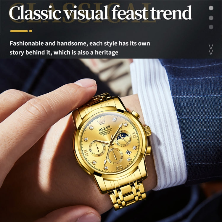Men's gold multifunction quartz watch with three subdials, date window, and 24-hour display