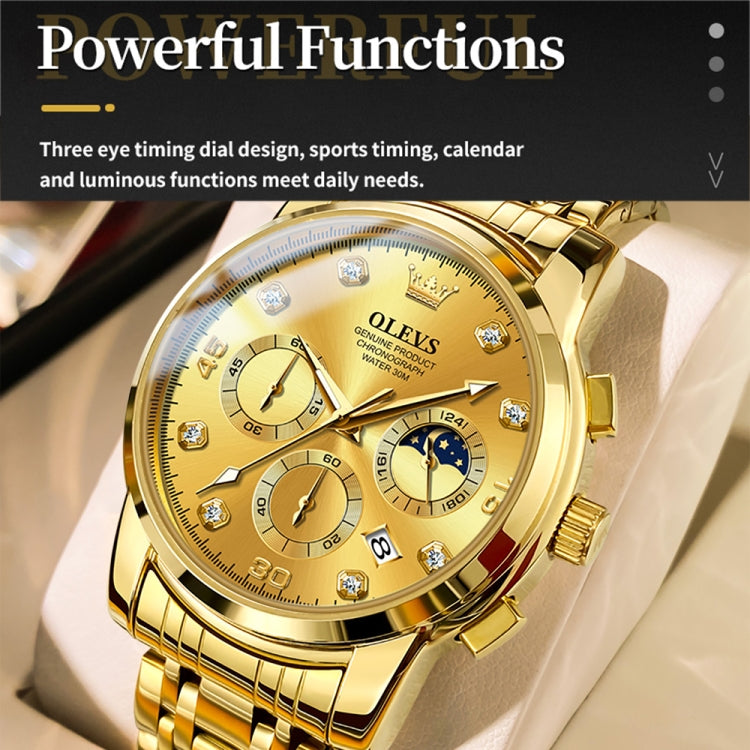 Gold multifunction quartz watch with three subdials, 24-hour display, and date window