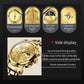 Gold multifunction quartz watch infographic showing chronograph, 24-hour display, and calendar window