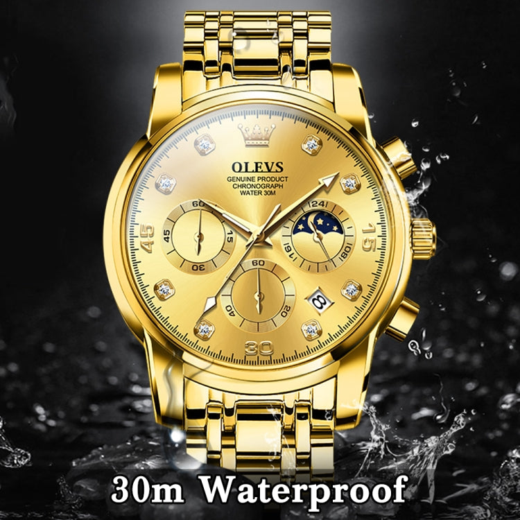 Men's gold waterproof quartz watch with three subdials, 24-hour display, and date window