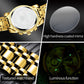Gold watch details: textured bracelet, luminous dial, and high-hardness coated mirror