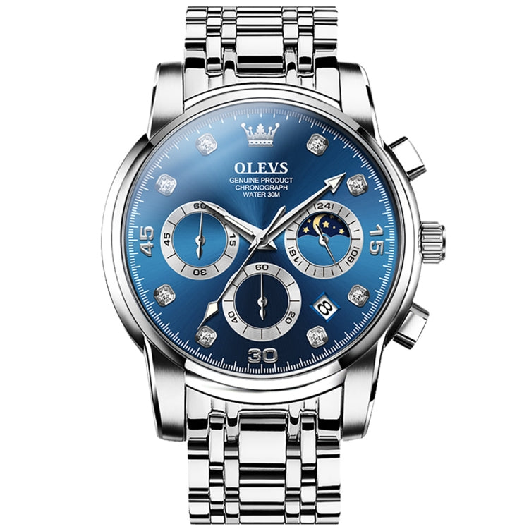 Men's multifunction luminous waterproof quartz watch with blue dial and silver bracelet