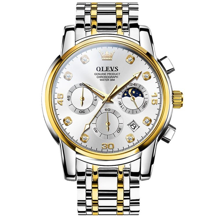 Men's multifunction luminous waterproof quartz watch with white dial and gold-accent bracelet