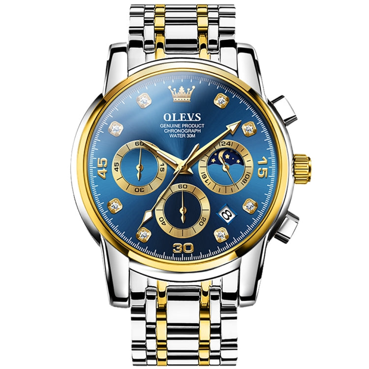 Men's multifunction luminous waterproof quartz watch with blue dial and gold-accent bracelet