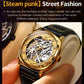 Men's gold skeleton dial hollow mechanical watch with black leather strap