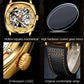 Men's hollow mechanical watch with gold case, black strap, and glass mirror close-ups
