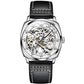 Men's luminous mechanical watch with skeleton dial and black leather strap