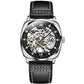 Men's luminous mechanical watch with skeleton dial, dark bezel, and black leather strap