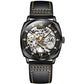 Men's luminous mechanical watch with skeleton dial and black leather strap with gold stitching