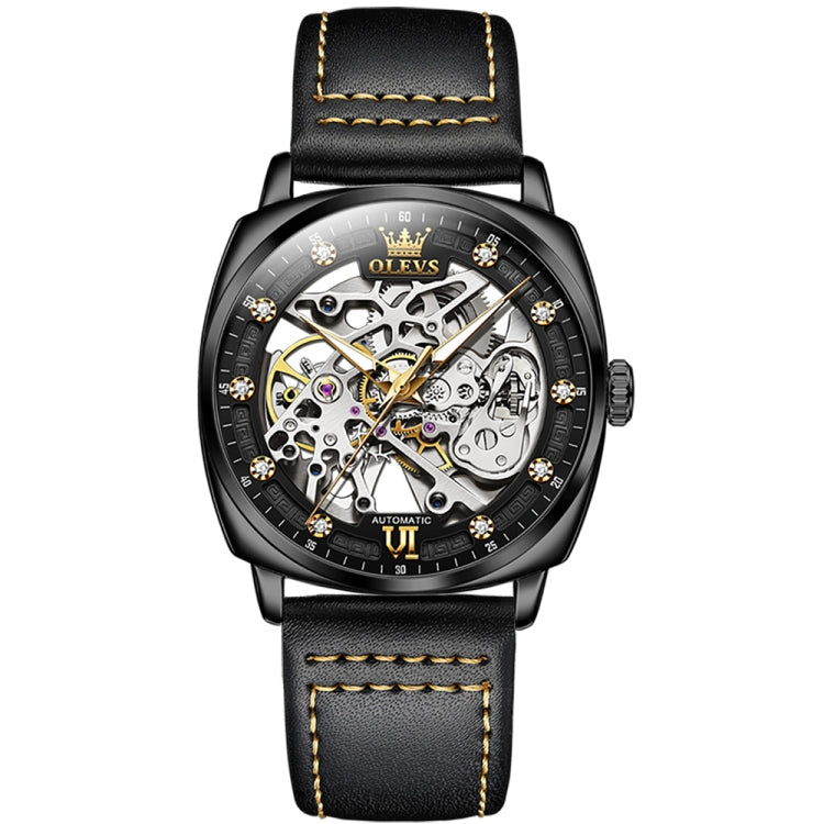 Men's luminous mechanical watch with skeleton dial and black leather strap with gold stitching