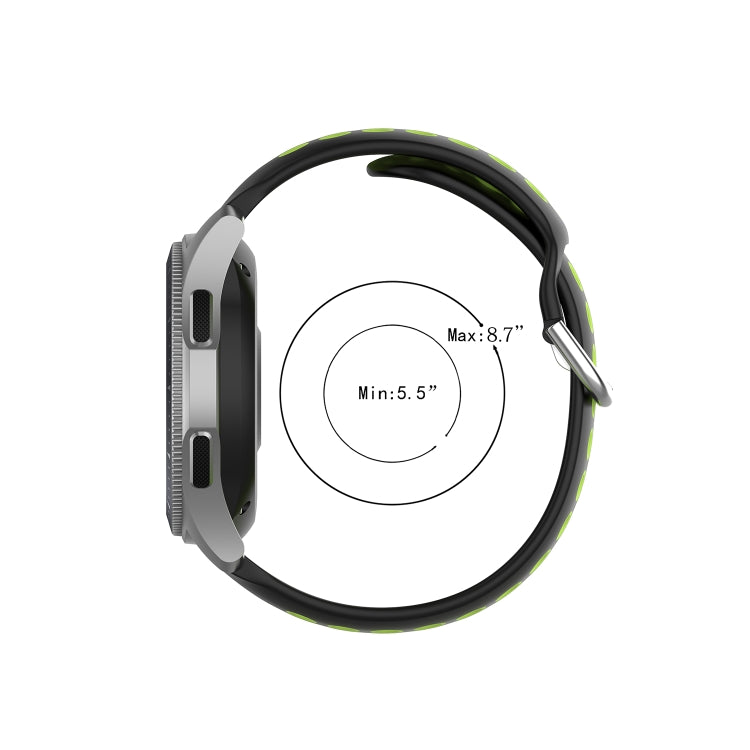 Two-tone silicone wrist strap, black band with lime green edge accents and size markings.