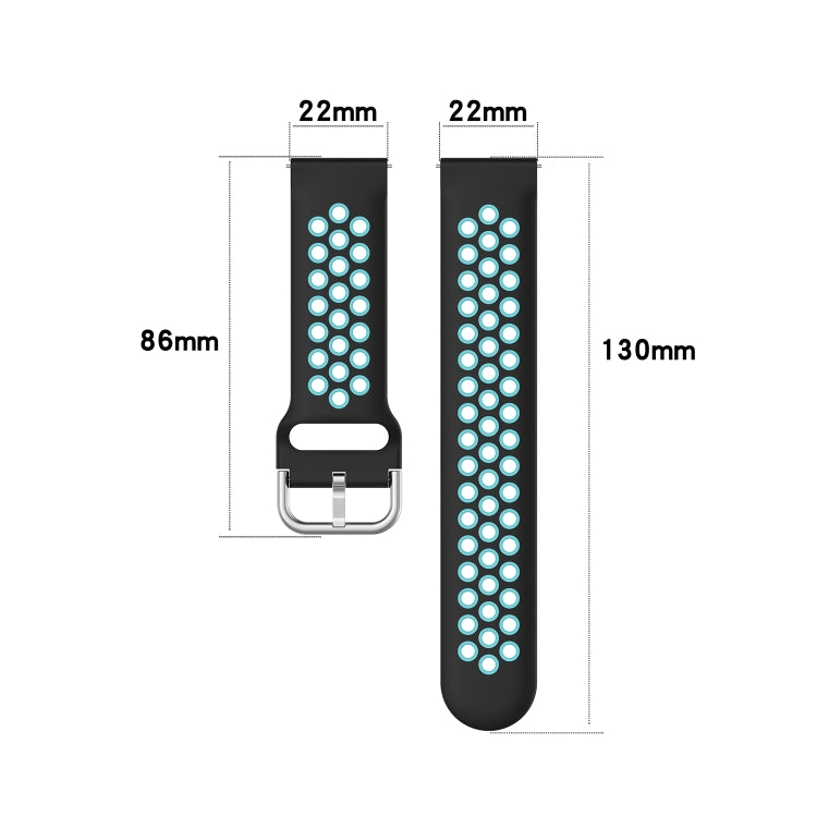 Two-tone silicone wrist strap dimensions: black band with light blue perforated center.