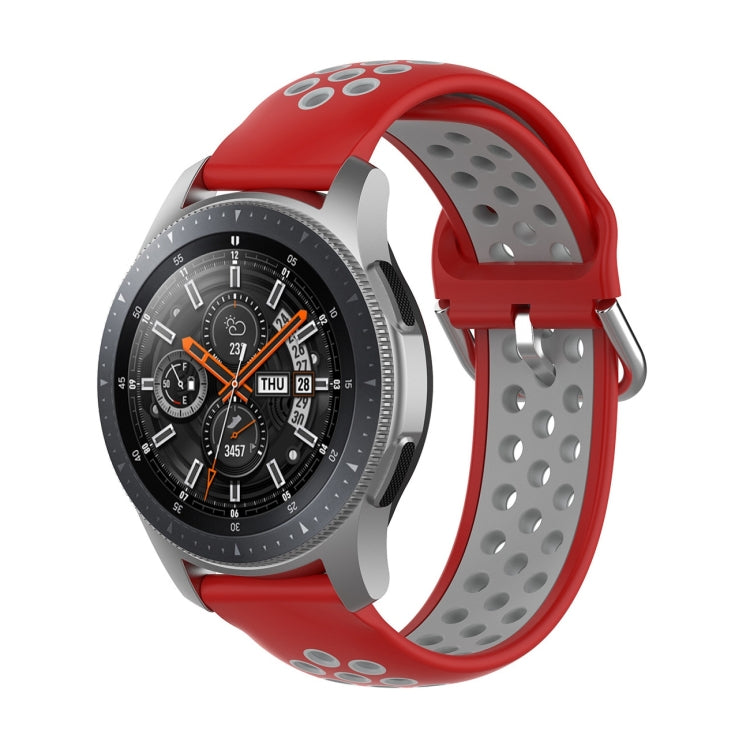 Two-tone silicone replacement wrist strap with red perforations and silver metal clasp