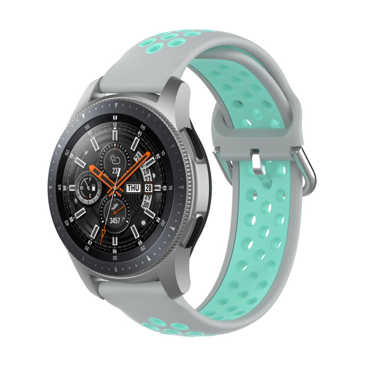 Two-tone silicone watch wrist strap with perforations, mint green and gray, metal clasp