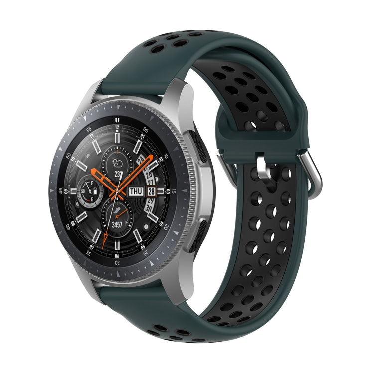 Two-tone silicone watch wrist strap with perforations, dark green and black, metal buckle