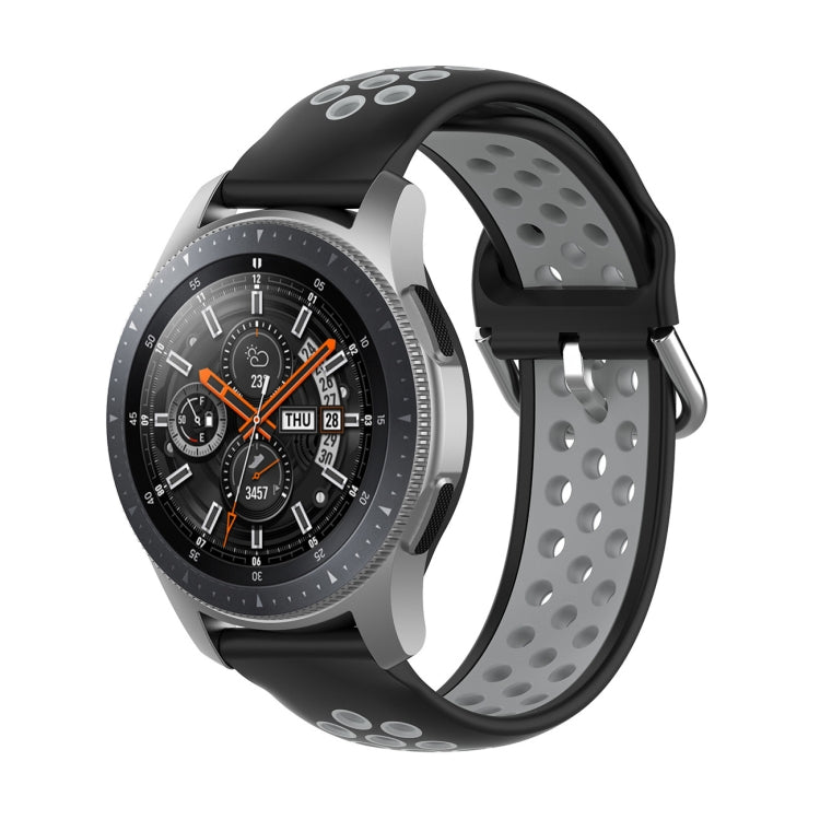 Two-tone silicone watch wrist strap with perforations, black and gray, metal clasp
