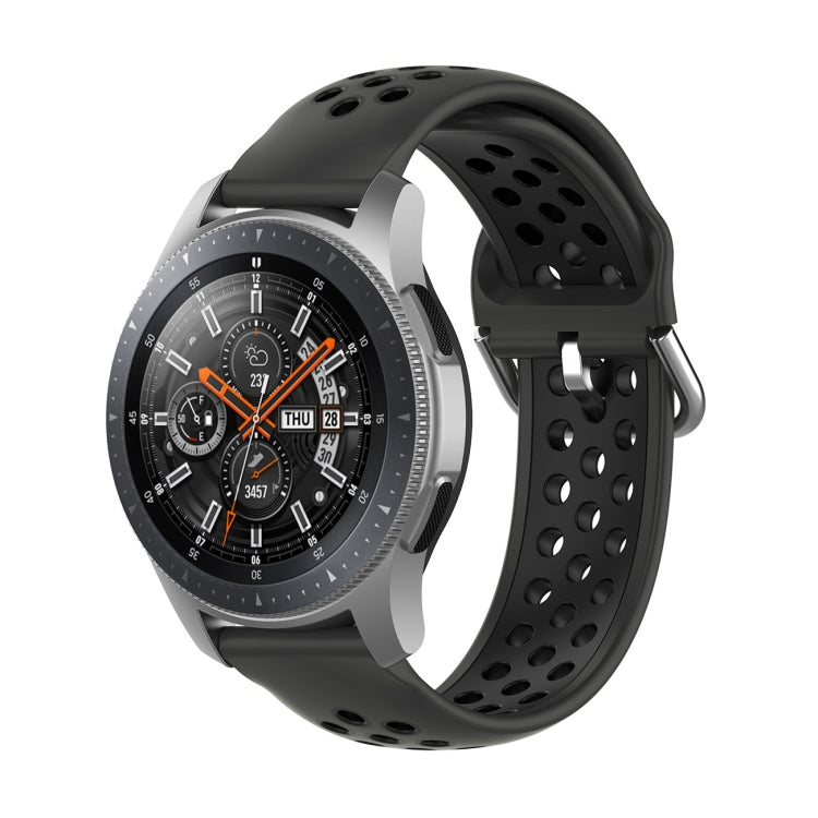 Two-tone black silicone replacement watch strap with perforated band and metal buckle