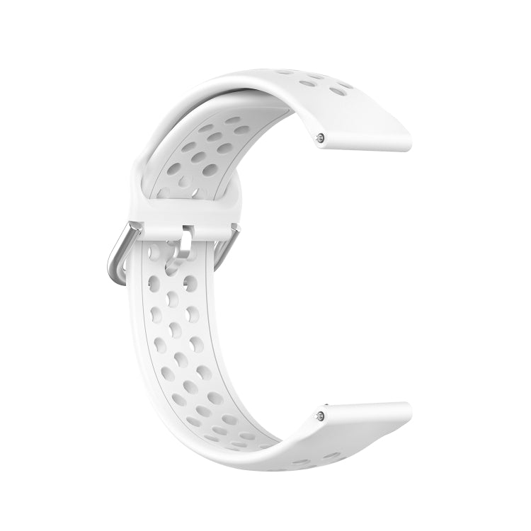 White perforated silicone wrist strap with metal buckle and clasp, side view