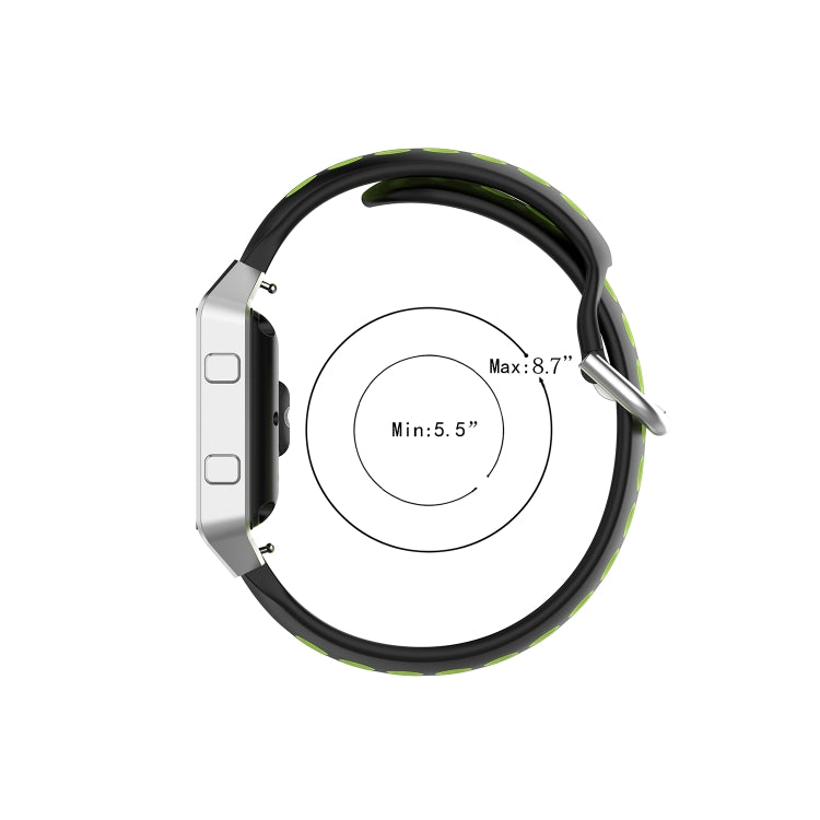 Black silicone sports watch strap with green accents and metal clasp buckle