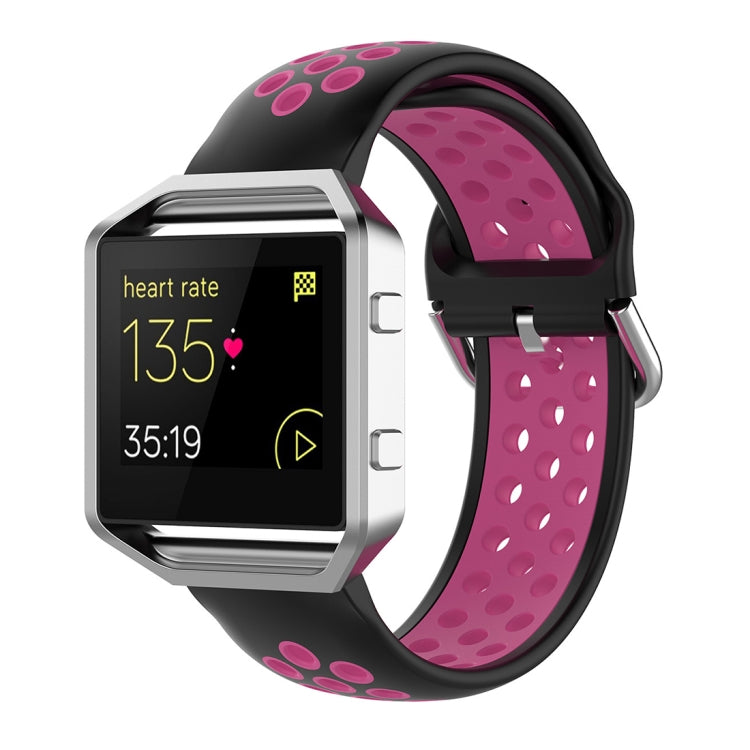 Fitbit silicone watch strap with black base and magenta accents, perforated sporty design