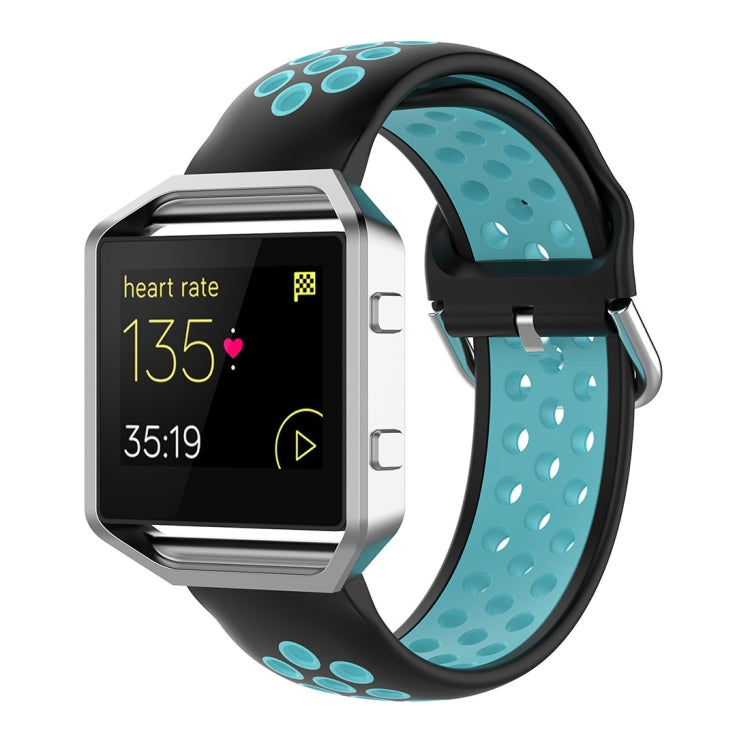 Fitbit silicone watch strap with black base and light blue accents, perforated sporty design