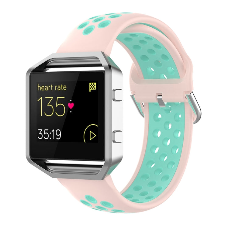 Light pink and teal silicone perforated watch strap with metal buckle