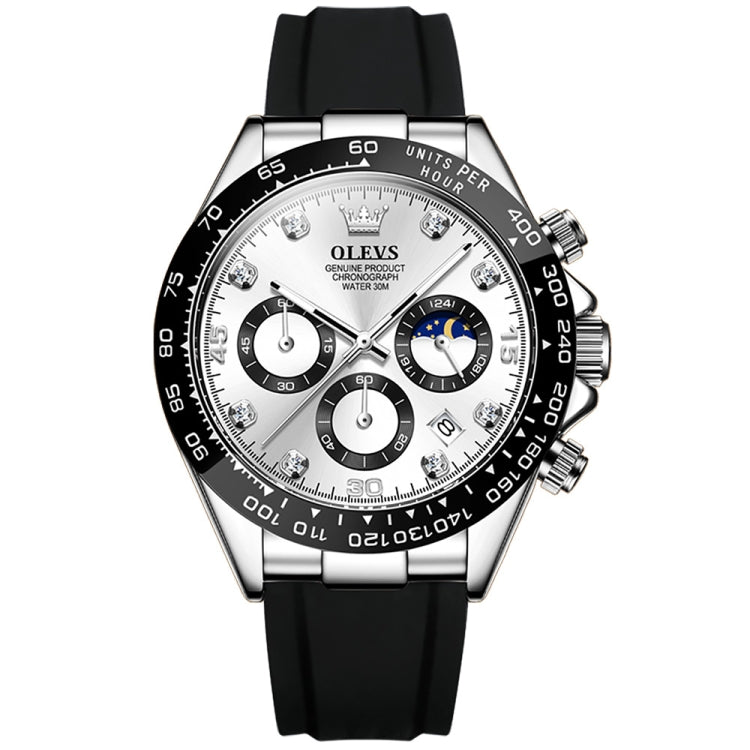 Men's multifunction sports chronograph quartz watch, white dial, silver case, black silicone strap