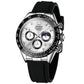 Men's multifunction sports chronograph quartz watch, silver case, white dial, black silicone strap