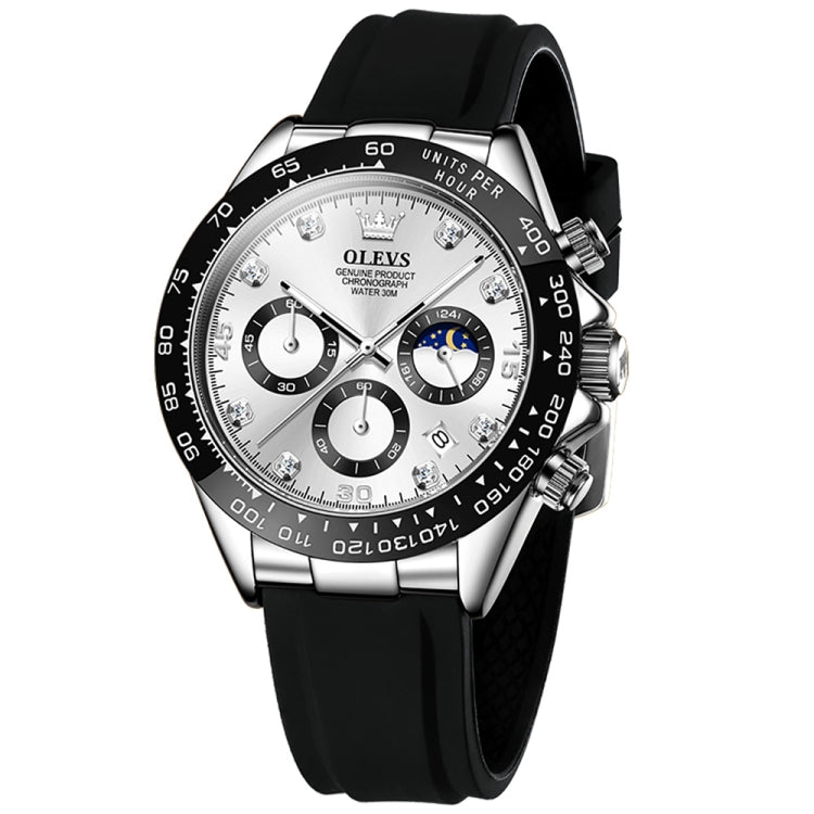 Men's multifunction sports chronograph quartz watch, silver case, white dial, black silicone strap