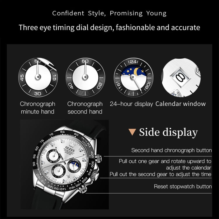 OLEVS multifunction sports chronograph quartz watch, three-eye timing dial infographic view
