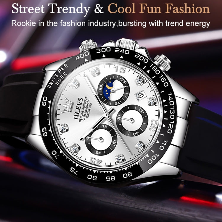 Men's multifunction sports chronograph quartz watch, close-up white dial, silver case, black strap