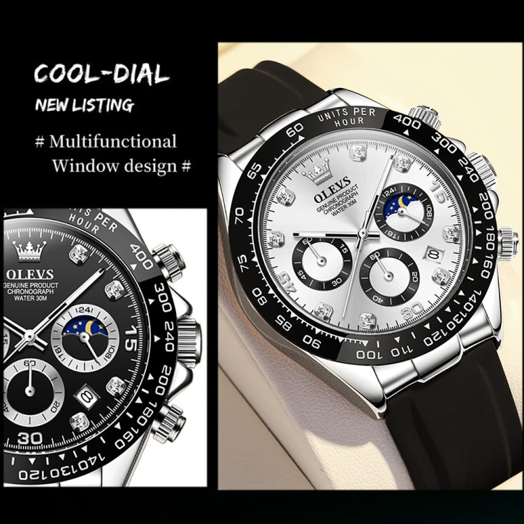Men's multifunction sports chronograph quartz watch, close-up white dial, black silicone strap