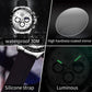 Men's multifunction sports chronograph quartz watch, black strap, silver case, luminous dial view
